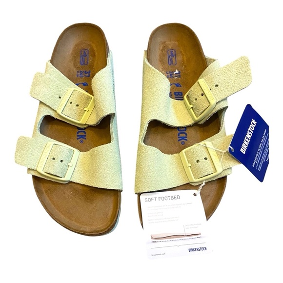 Birkenstock Faded Lime Suede Leather Arizona Sandals Sz 37 Narrow Soft Bed NEW - Picture 1 of 3